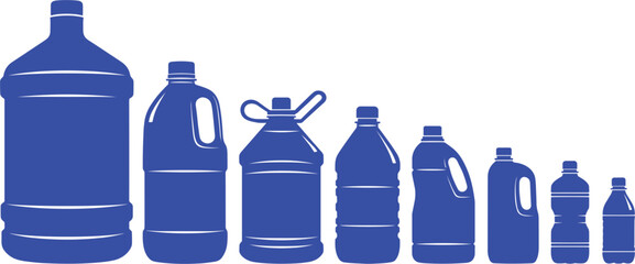Plastic bottle vector silhouette set with various container sizes, water and beverage packaging shapes collection isolated on white background.