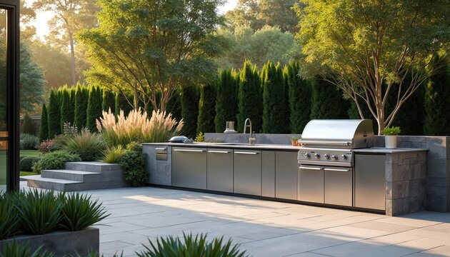 Modern outdoor kitchen area with stainless steel grill sink and cabinets on stone patio. Backyard dining space with green plants. Luxury home exterior.