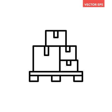 Black pile of stacked sealed goods cardboard boxes line icon, generic concept flat design illustration, pictogram vector for app ads web button ui ux interface elements isolated on white background