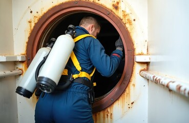 Seaman with oxygen tanks enters ship hatch for rescue drill. Crew member trains for emergency. Safety exercise inside confined space on vessel.