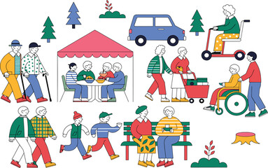 Naklejka premium Colorful flat design illustration of elderly and family activities in a park setting with mobility aids and outdoor fun