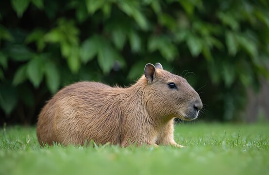Capybara rests on green grass lawn. Rodent looks to the side with blurred green leaves background. Domesticated capybara sits still outdoors. Rodent relaxes in natural habitat setting.