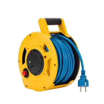 A yellow and blue electric cable reel on a transparent background