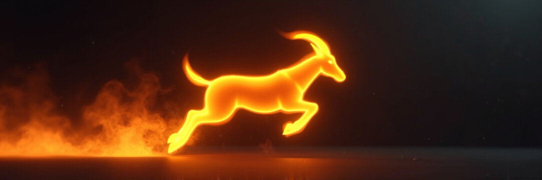 Neon goat illustration in dynamic pose with glowing outlines and smoke effects. Bright golden goat figure appears to be running with energy and motion.