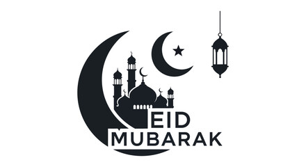 A striking eid mubarak design featuring a crescent moon mosque and lantern silhouette high quality professional © nhpvect02