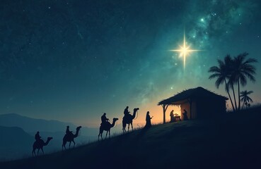 Naklejka premium Three wise men on camels follow star to Bethlehem manger scene. Jesus birth celebrated in stable with Mary Joseph. Holy night sky above desert landscape.