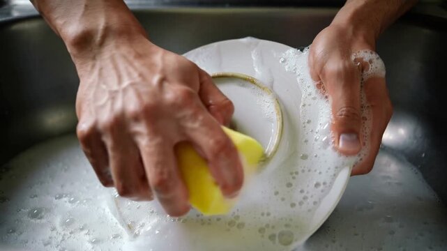 Daily chore transformed into an art as hands expertly cleanse a dish amidst shimmering soap suds