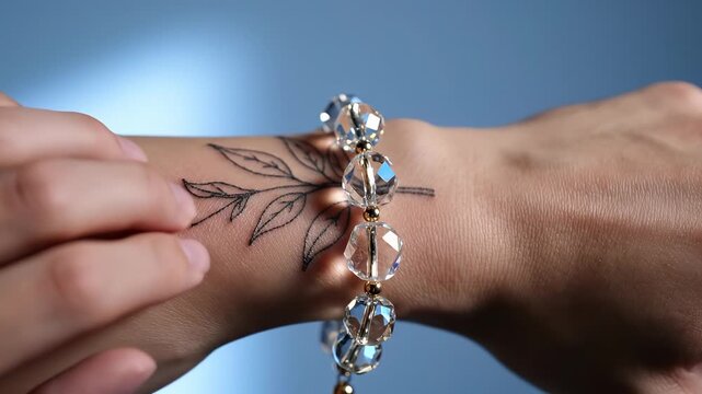 Woman styling handmade bracelet on wrist with tattoo. Close-up focus on beautiful accessories. Elegant fashion statement showcases creativity and personal expression.