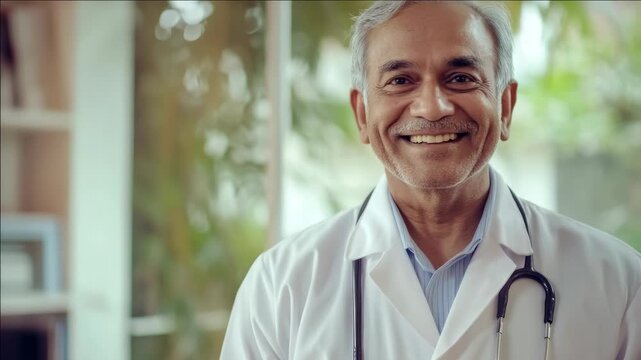 A cheerful male physician wearing a white coat and stethoscope, indicating professional medical assistance at a clinic or hospital.