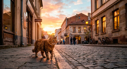 Naklejka premium Tabby Cat Walking on Cobblestone Street in Old European Town at Sunset