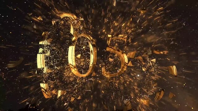 Cinematic 10 to 1 Golden Countdown with Luxury Particle Explosion and Gold Confetti against Starry Night Sky Background