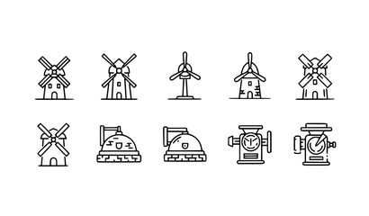 Mill line icon set with windmill grain and industrial milling symbols in horizontal layout isolated on white © Sahina