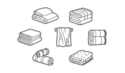 Blanket outline icon collection with cozy bedding and textile symbols in circular arrangement isolated on white © Sahina