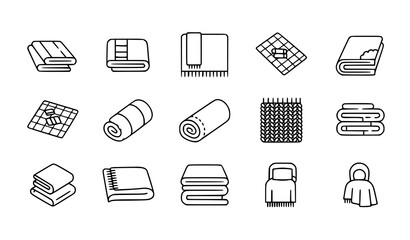 Blanket outline icon set with folded rolled and bedding textile symbols for web design isolated on white © Sahina
