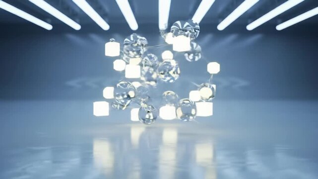Abstract glowing cubes, shimmering spheres, data points multiply and assemble into a complex dynamic data sculpture in an ultra-clean, minimalist, futuristic studio with a reflective white floor,
