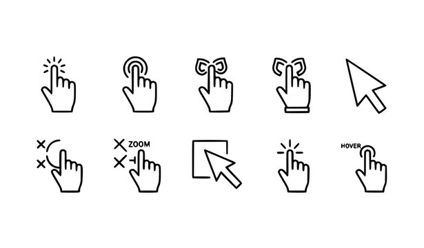 Mouse cursor and finger gesture line icon set with click drag and pointer symbols in horizontal layout isolated on white