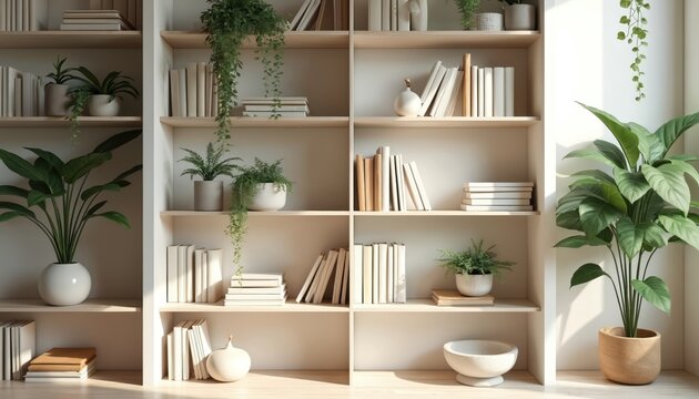 Minimalist bookshelf with various books and green plants. Light wood shelves offer a clean, modern display for study or office decor. Natural light illuminates the scene.