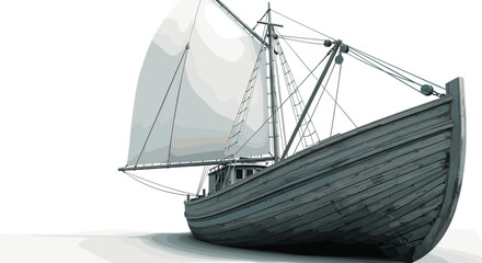 Naklejka premium Vintage wooden sailboat with white sails on a calm sea, detailed illustration