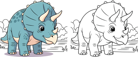 Cute Cartoon Blue Triceratops Dinosaur Adorable Prehistoric Wildlife Illustration © Snehashish Pritom