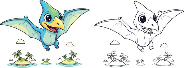 Cute Cartoon Pterodactyl Flying Over Tropical Islands Adorable Prehistoric Scene © Snehashish Pritom