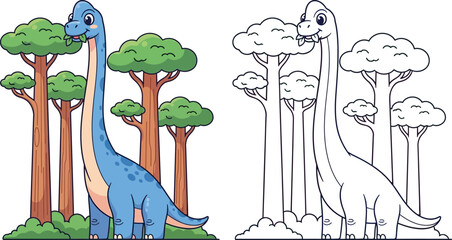 Cute Cartoon Brontosaurus Eating Leaves in Forest Adorable Prehistoric Wildlife Illustration © Snehashish Pritom