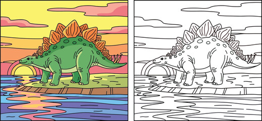 Cartoon Stegosaurus at Sunset by Water Vibrant Prehistoric Landscape Illustration © Snehashish Pritom