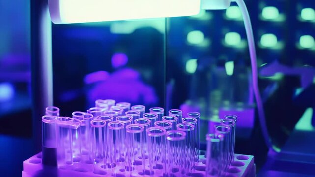 Test tubes holding transparent liquid in a rack, glowing with bright blue light in a modern scientific laboratory, indicating ongoing research and experimentation for medicine and discovery