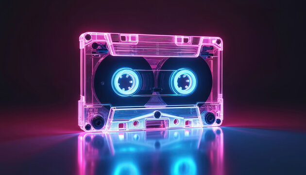 Transparent audio cassette glows neon pink and blue. Magnetic tape reels spin inside. Vintage music media object reflects on dark surface. Retro tech, sound storage.