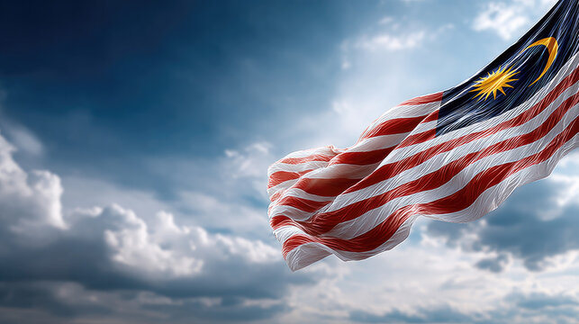 Malaysian flag waving against a bright sky, symbolizing national pride, independence, and unity. Independence Day Malaysia