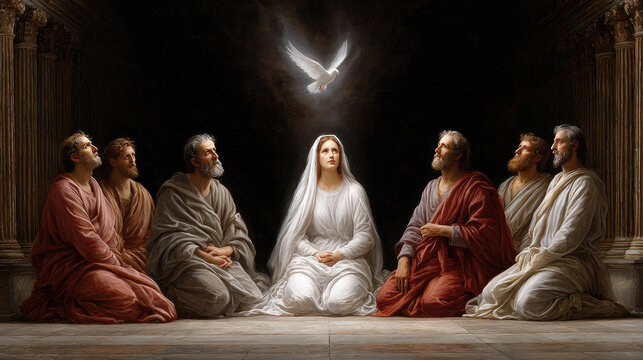 Mary and the apostles are kneeling in prayer, receiving the descending Holy Spirit symbolized by a dove, depicting the moment of divine outpouring during Pentecost. Pentecost