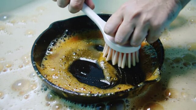 Restoring a treasured cast iron pan to its radiant, pristine gleam with diligent scrubbing