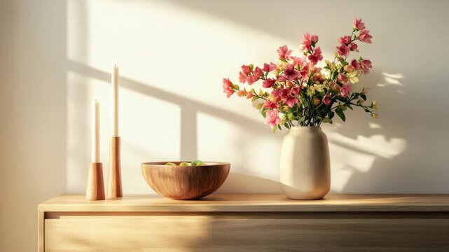 A vase with pink flowers and green leaves, sitting on a wooden surface, with sunlight casting a shadow behind.