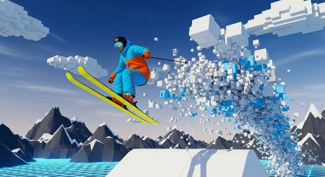 Skier in mid-air performing trick jump.