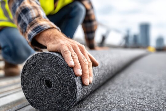 Roofer laying roofing felt or membrane on a flat roof, preparing for waterproofing, using professional tools and wearing safety gear, with city skyline in the background.