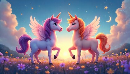 Obraz premium Two winged unicorns with golden horns stand in meadow with purple and yellow flowers. Pastel colors fill sky with clouds and stars. Peaceful twilight scene with magical creatures in nature setting.