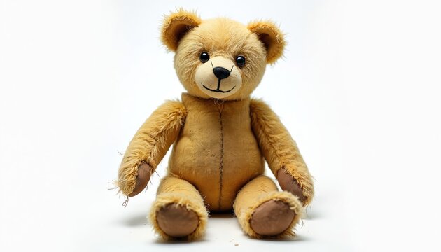 Old brown teddy bear sits on white background. It has worn fur, loose threads, and button eyes. Plush toy looks fragile, damaged and very sentimental. This item feels nostalgic.