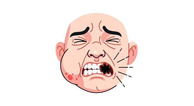 Illustration of a bald man's face with a painful expression and a large boil on his cheek against a plain white background.