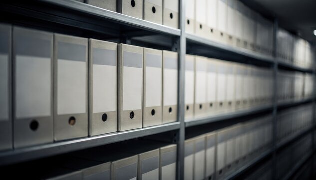 Medium shot of a row of archival boxes with clear labels on climatecontrolled shelving main boxes in focus emphasizing organized rare book preservation.