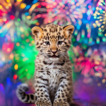 Adorable leopard cub sitting in front of colorful exploding fireworks