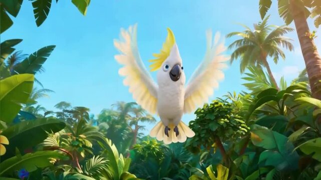 Yellow crested cockatoo flying mid air slowly - 3d render cartoon style 4k
