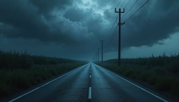 Dark empty country road stretches toward horizon under heavy stormy clouds. Telegraph poles line the desolate asphalt path through wet grassy fields. Moody atmosphere, approaching bad weather.