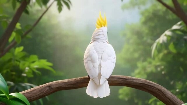 yellow crested cockatoo perched on a branch backview camera zoom out - 3d render cartoon style 4k