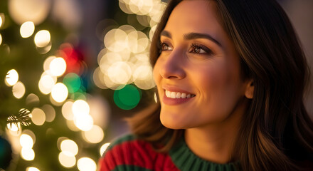 Fototapeta premium Happy woman celebrating Christmas with festive bokeh lights in warm indoor setting