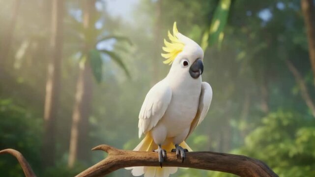 Yellow crested cockatoo character perched on a branchand then fly away - 3d render cartoon style 4k