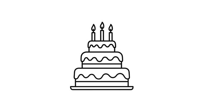 Simple black and white line art of a three-tiered birthday cake topped with three burning candles on a serving plate.