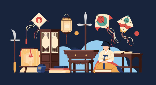 Extensive collection of traditional Korean cultural items including furniture, kites, instruments, and people in historic dress.