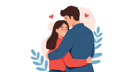 Obraz premium Loving couple embracing in a warm hug with small heart symbols and blue leaves decorating the background of the illustration.