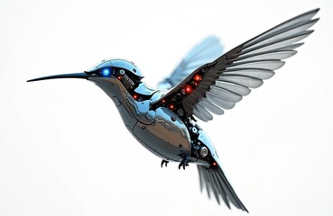Fototapeta premium Mechanical hummingbird robot bird with sleek metallic body and glowing blue eyes. Its intricate wings flap mid-flight, showcasing advanced engineering and artificial intelligence concepts.