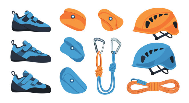 Comprehensive set of rock climbing gear featuring colorful climbing shoes, holds, carabiners, safety ropes, and helmets.