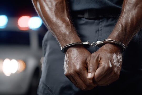 Close-up of an African American man's hands handcuffed behind his back at night near police car, showcasing the consequences of illegal actions and the impact on law enforcement.